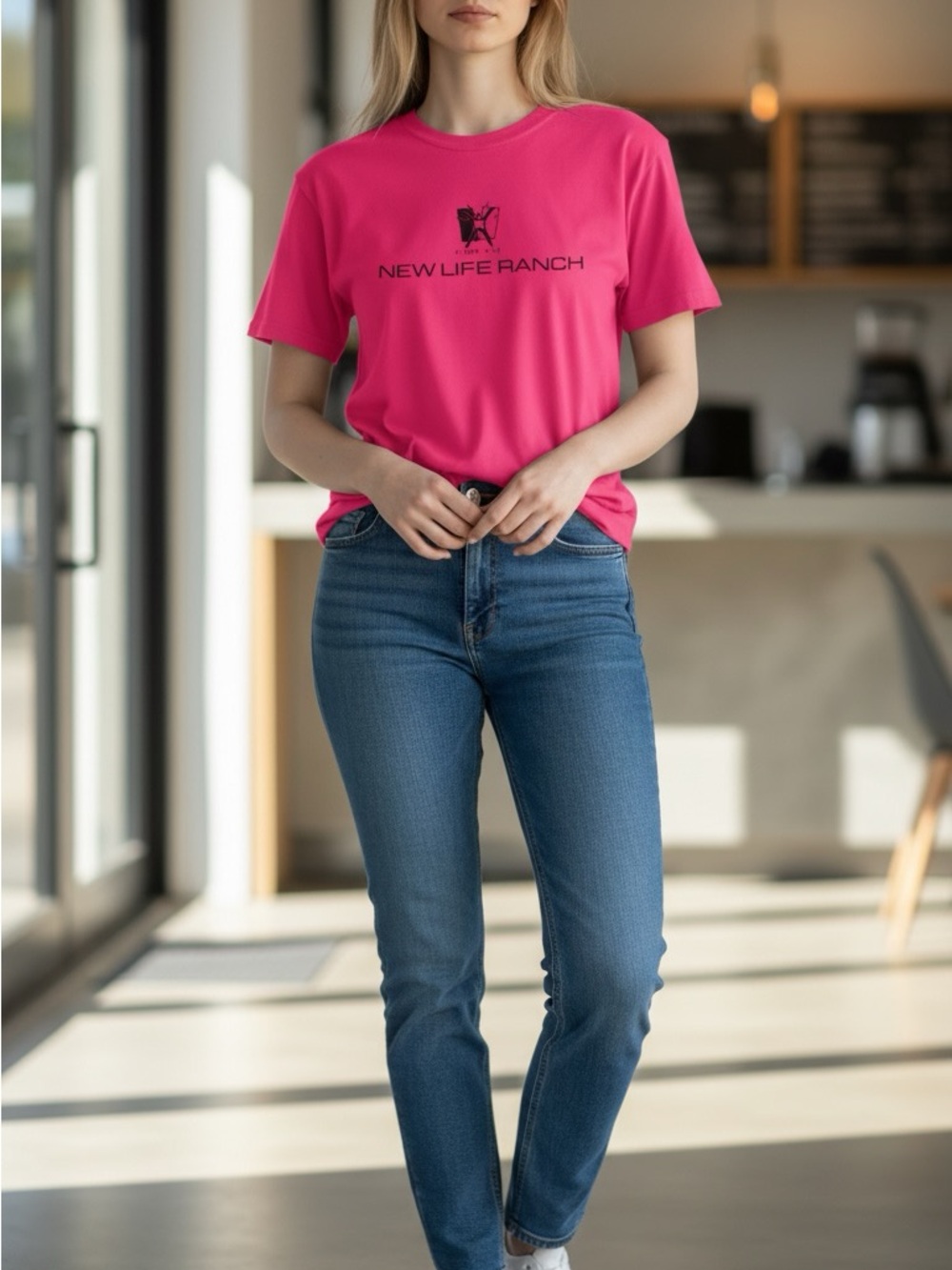 Gildan Women's Bright Pink New Life Ranch NLR Logo Tee